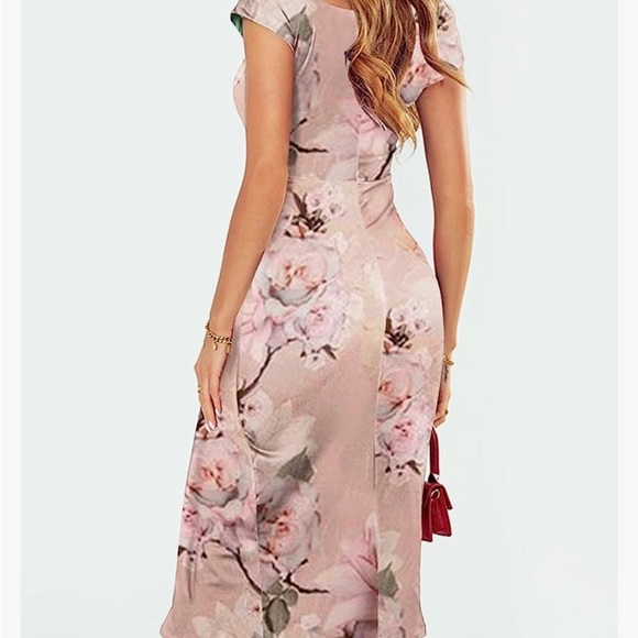 Off Shoulder or On Light Pink Floral Dress Side Slit - Picture 2 of 4